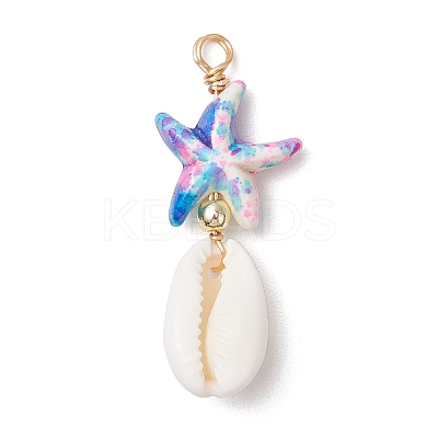 Dyed Synthetic Turquoise Starfish & Natural Cowrie Shell Pendants PALLOY-JF03932-1