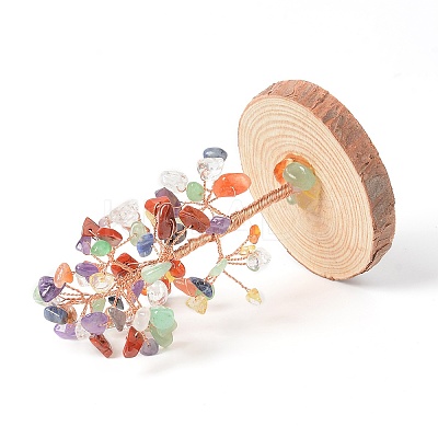 Natural Gemstone Chips with Brass Wrapped Wire Money Tree on Wood Base Display Decorations DJEW-B007-05A-1