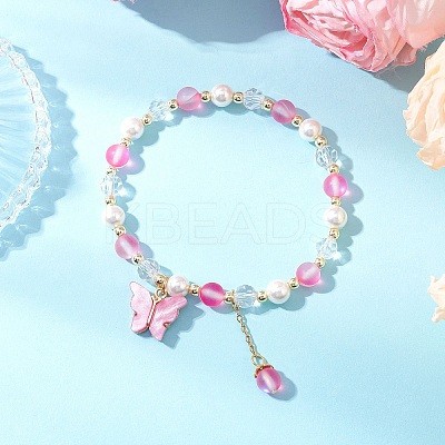 Frosted Dyed Synthetic Moonstone & Shell Pearl Round Beads Stretch Bracelets BJEW-JB11822-04-1