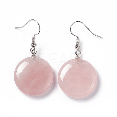 Natural Rose Quartz Flat Round Dangle Earrings EJEW-D188-03P-09-1