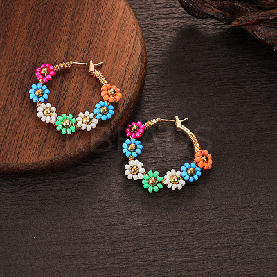 Flower Brass Glass Seed Beaded Hoop Earrings FS-WG0698E-01-1