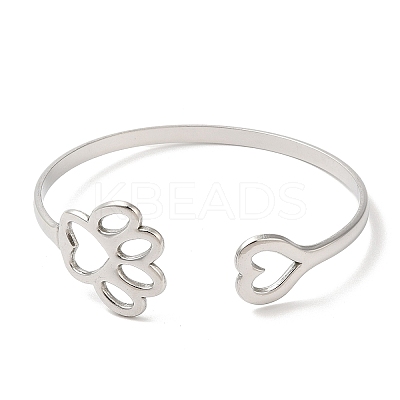 Non-Tarnish Hollow Dog Paw Print & Heart 304 Stainless Steel Cuff Bangles for Women BJEW-L682-015P-1