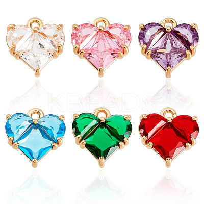 6Pcs 6 Colors Brass Pave Cubic Zirconia Heart Charms KK-GA0002-32-1