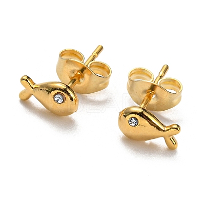 PVD Vacuum Plating 304 Stainless Steel Fish Stud Earrings with Rhinestone for Women STAS-D087-11G-1