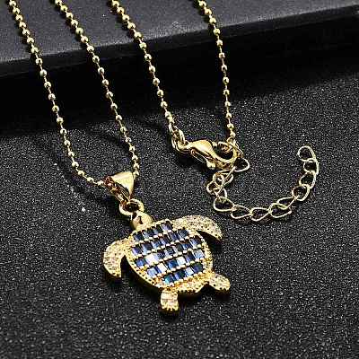 Summer Beach Brass Pave Cubic Zirconia Turtle Pendant Necklaces for Women NJEW-U039-02G-01-1