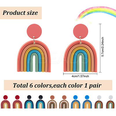 6 Pairs 6 Colors Polymer Clay Arch Dangle Stud Earrings for Women EJEW-AN0004-33-1