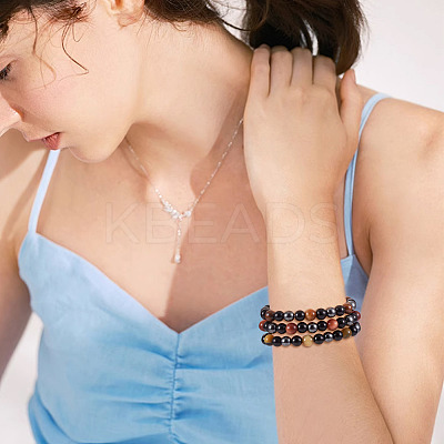 3Pcs 3 Styles 8MM Round Natural Tiger Eye & Black Onyx & Black Obsidian & Synthetic Non-Magnetic Hematite Beads Stretch Bracelets for Women Men BJEW-TA0001-20-1