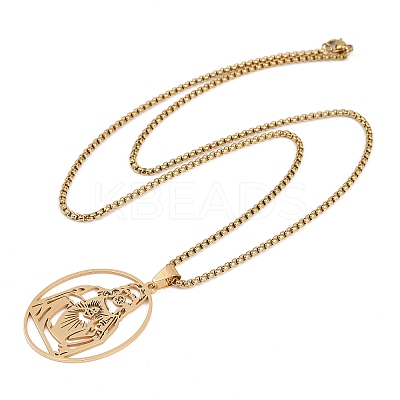 201 Stainless Steel Oval with Hollow Juses Pendant Necklaces NJEW-K283-05G-1