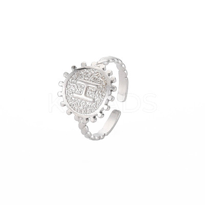 Non-Tarnish 304 Stainless Steel Flat Round with Initial Letter Open Cuff Ring for Men Women RJEW-S405-246P-H-1