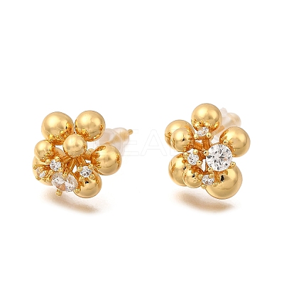 Flower Brass Micro Pave Clear Cubic Zirconia Stud Earrings EJEW-B148-01G-1