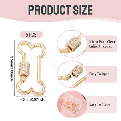 5 Pcs Brass Micro Pave Clear Cubic Zirconia Screw Carabiner Lock Charms KK-TA0003-17-1