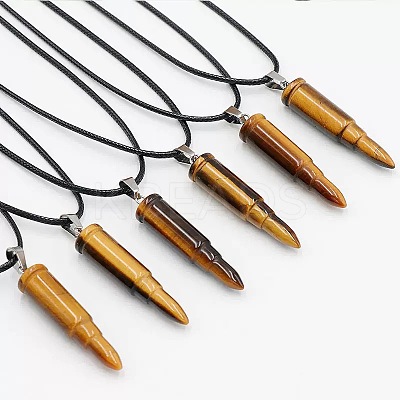 Natural Tiger Eye Bullet Shaped Pendant Black PU Leather Vintage Punk Style Hip Hop Necklaces for Men QC5862-1