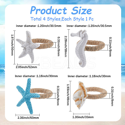 4Pcs 4 Styles Resin Conch Shell Starfish Sea Horse & Jute Rope Napkin Rings AJEW-GF0011-12-1