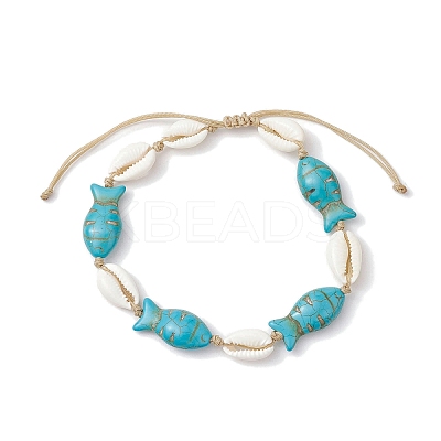 Natural Mixed Cowrie Shell with Synthetic Turquoise Beaded Anklets AJEW-AN00596-01-1