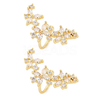 Flower Brass Micro Pave Clear Cubic Zirconia Cuff Earrings EJEW-K305-03G-1