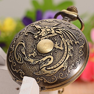 Openable Flat Round with Dragon Alloy Glass Pendant Pocket Watch WACH-L024-10-1