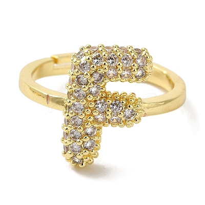 Rack Plating Letter Brass Micro Pave Clear Cubic Zirconia Adjustable Rings for Women KK-S391-03G-F-1
