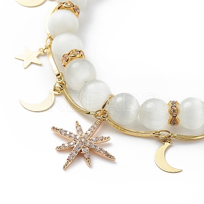 Cat Eye Round Beaded & Brass Link Chain Multi-strand Bracelet BJEW-JB08791-1