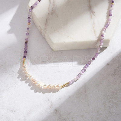 Round Natural Lepidolite & Natural Freshwater Pearl & 925 Sterling Silver Beaded Necklaces for Women NJEW-G154-01G-1