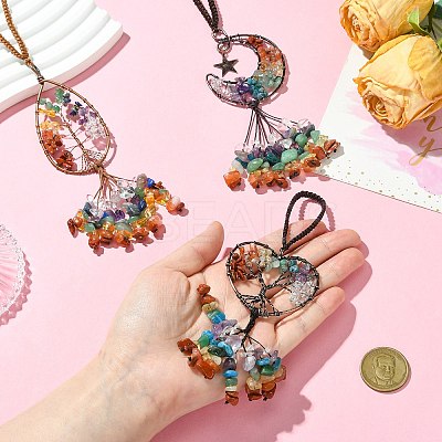 3Pcs 3 Styles Copper Wire Wrapped Chakra Natural Gemstone with Tree of Life Pendant Decorations HJEW-CJ0001-22-1