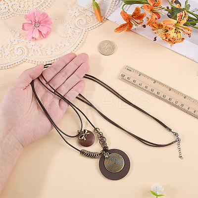 1Pc Bohemian Wood & Alloy Pendant Double Layer Necklaces for Women NJEW-CL0001-37-1