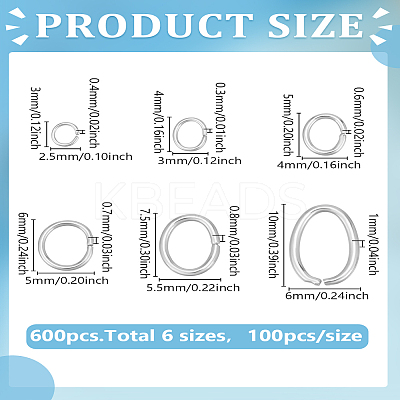 600Pcs 6 Styles 304 Stainless Steel Open Jump Rings STAS-LP0005-02-1