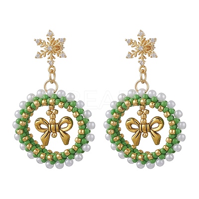 Christmas Wreath Brass Glass Dangle Stud Earrings EJEW-MZ00613-1