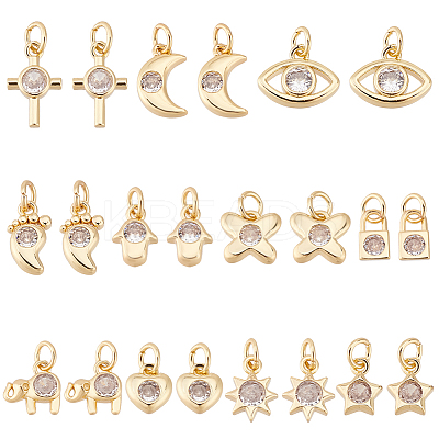 22Pcs 11 Styles Brass Micro Pave Clear Cubic Zirconia Charms FIND-GA0004-46-1