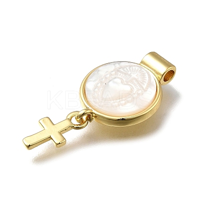 Brass Pave Natural White Shell Flat Round with Cross Pendants KK-C090-40G-04-1
