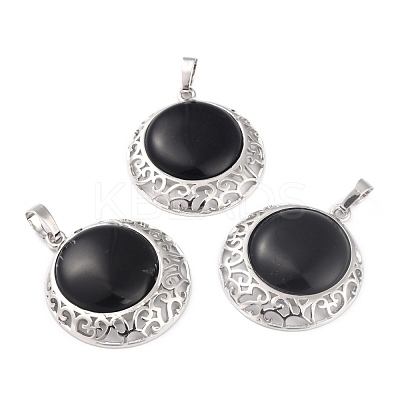 Natural Obsidian Pendants with Hollow Platinum Brass Findings G-P448-A12-P-1