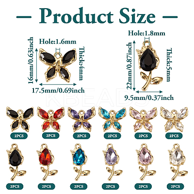 24Pcs 12 Style Glass Rhinestone Pendants FIND-TA0003-03-1