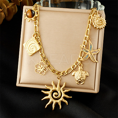 Ocean 304 Stainless Steel & Plastic Imitation Stone & Natural Paua Shell Sun Turtle Starfish Pendant Necklaces for Women NJEW-G180-01G-1