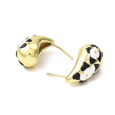 Teardrop with Flower Real 18K Gold Plated Brass Enamel Stud Earrings EJEW-L270-013G-01-1