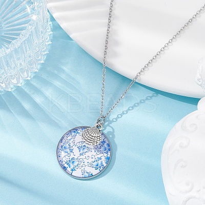Steel Blue Glass Flat Round & Alloy Pendant Necklace NJEW-JN04453-01-1