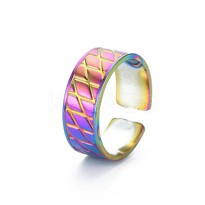 Rainbow Color 304 Stainless Steel Grooved Wide Band Open Cuff Ring for Women RJEW-N038-046M-1