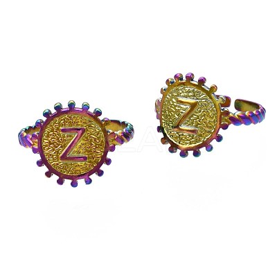 Rainbow Color 304 Stainless Steel Flat Round with Initial Cuff Ring RJEW-S405-139-1