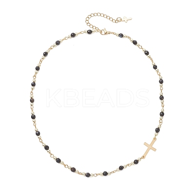 Faceted Dyed Natural Agate Round Beads & 304 Stainless Steel Tiny Cross Handmade Link Chain Necklaces NJEW-JN05842-02-1
