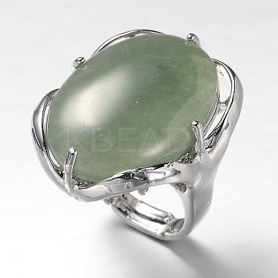 Adjustable Oval Brass Natural Green Aventurine Wide Band Rings RJEW-L062-03E-1