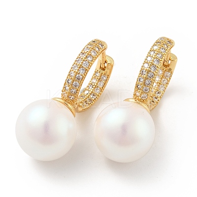 Round Acrylic Pearl Beaded Hoop Earrings with Clear Cubic Zirconia EJEW-G297-28G-1