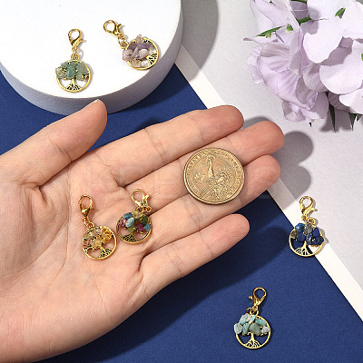 6Pcs Tree of Life Alloy & Natural Lapis Lazuli & Carnelian & Amazonite & Tourmaline & Green Aventurine & Amethyst Chips Pendant Necklaces HJEW-YW00104-1