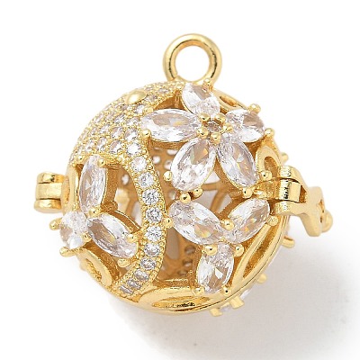 Rack Plating Brass Clear Cubic Zirconia Bead Cage Pendants KK-L224-006G-1