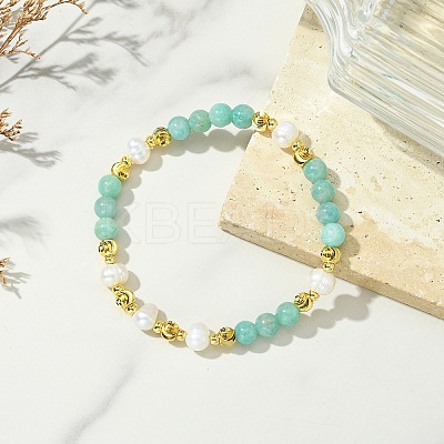 Round Natural Amazonite & Cultured Freshwater Pearl & Brass Beaded Stretch Bracelets for Women BJEW-JB14060-01-1