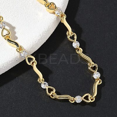Brass Micro Pave Clear Cubic Zirconia Heart & Twist Link Chain Bracelets for Women BJEW-G764-06G-1