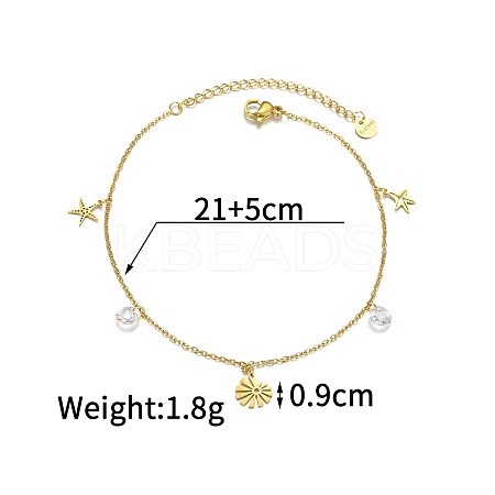 Bohemian Style 304 Stainless Steel Sun Starfish and Flat Round Cubic Zirconia Charm Anklets FS-WGDB107-01-1