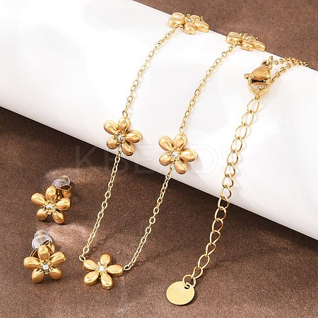 Flower 304 Stainless Steel Rhinestone Necklaces & Stud Earrings Sets for Women SJEW-K003-02G-1