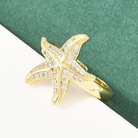 Starfish Brass Micro Pave Clear Cubic Zirconia Cuff Rings for Women RJEW-A088-08B-G-1