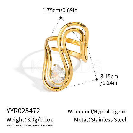 Irregular 304 Stainless Steel Cubic Zirconia Cuff Open Rings for Women RA2180-1-1