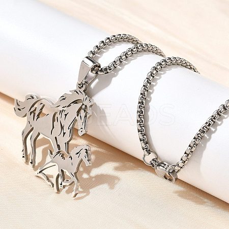 201 Stainless Steel Laser Cut Double Horse Pendant Box Chain Necklaces for Women Men NJEW-E156-03P-1