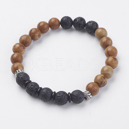 Natural Lava Rock & Coconut Stretch Bracelets BJEW-I241-03O-1