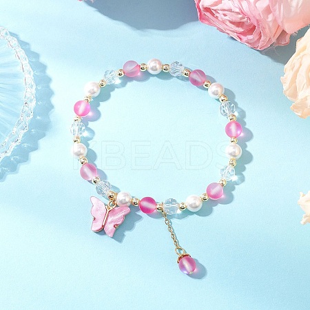 Frosted Dyed Synthetic Moonstone & Shell Pearl Round Beads Stretch Bracelets BJEW-JB11822-04-1